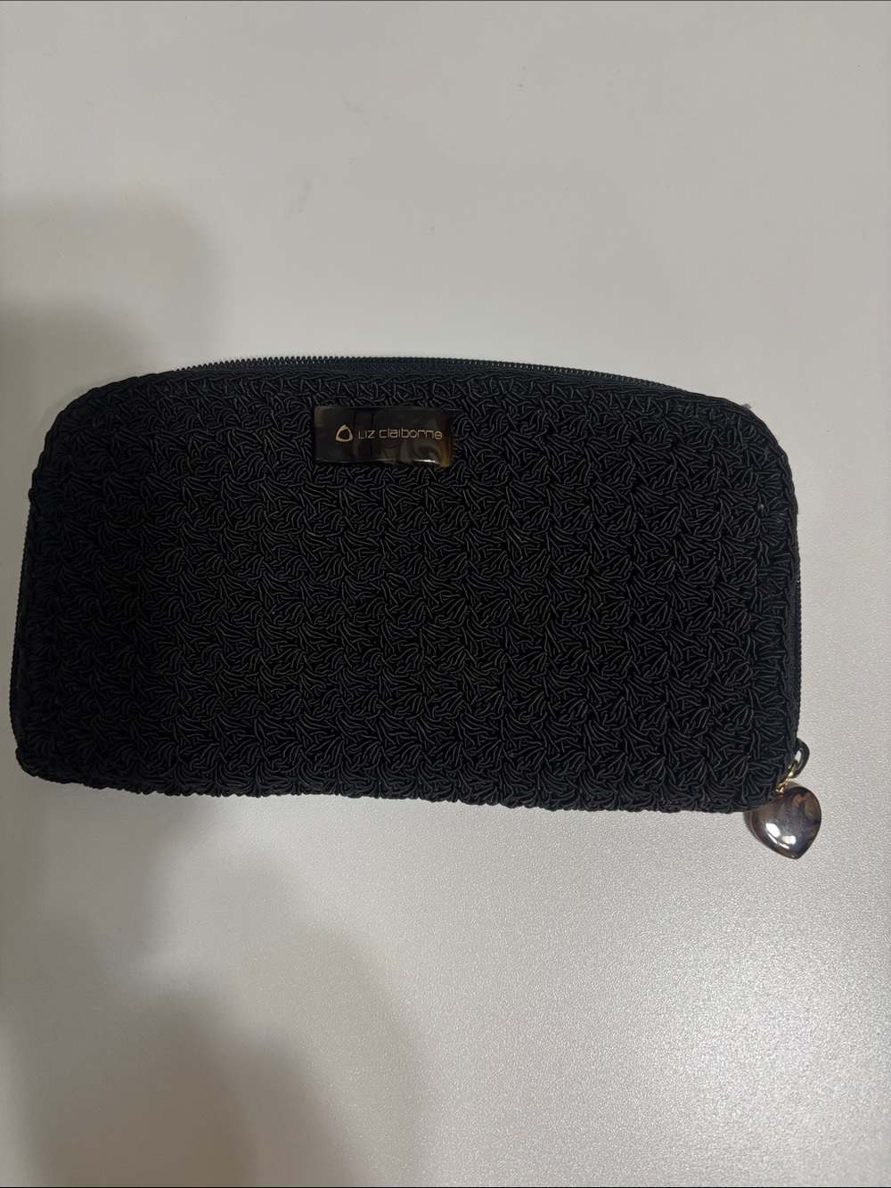 Liz Claiborne Black Crochet Clutch Wallet with Heart Charm